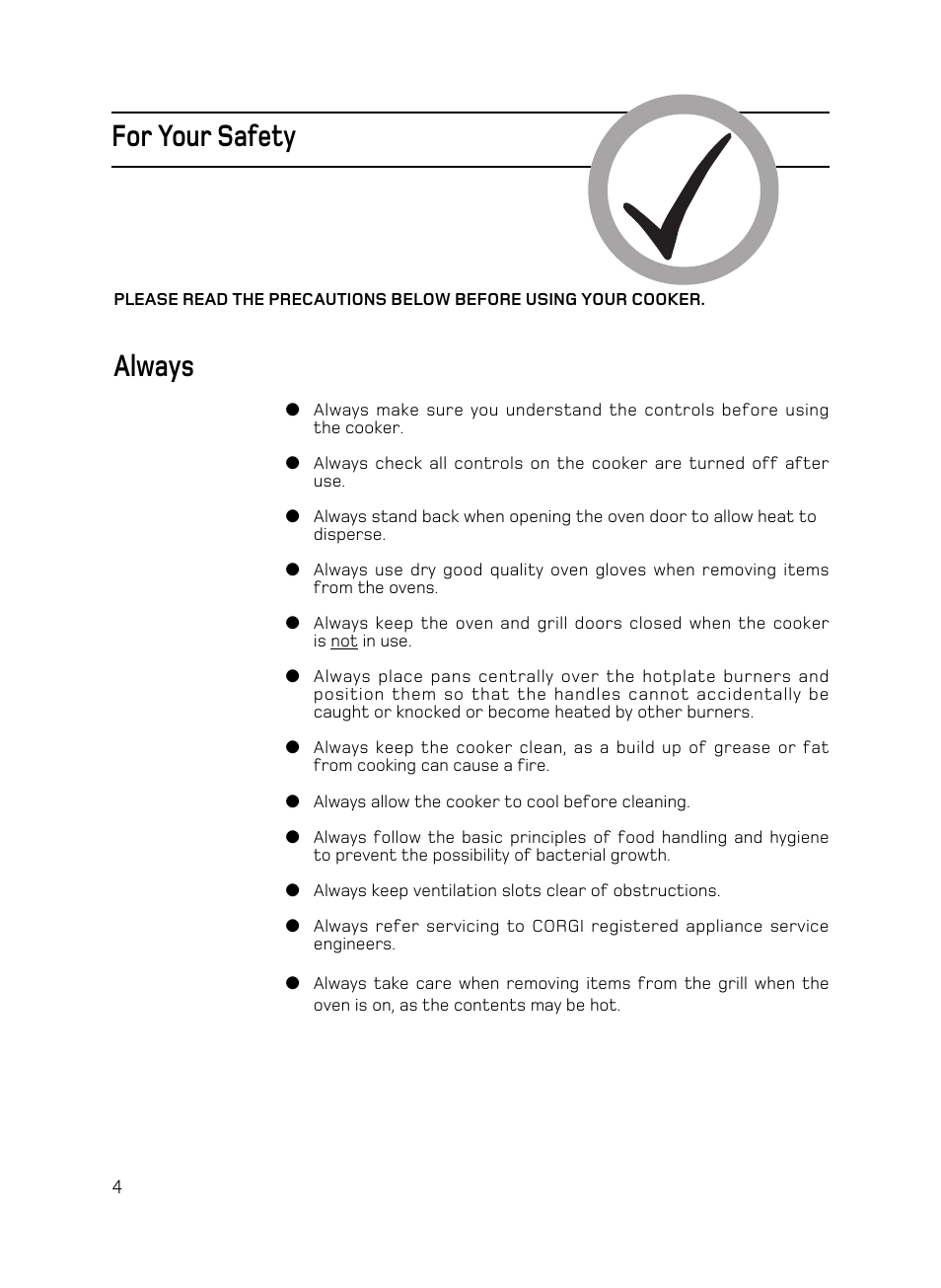 For your safety, Always | Hotpoint X156G User Manual | Page 4 / 24