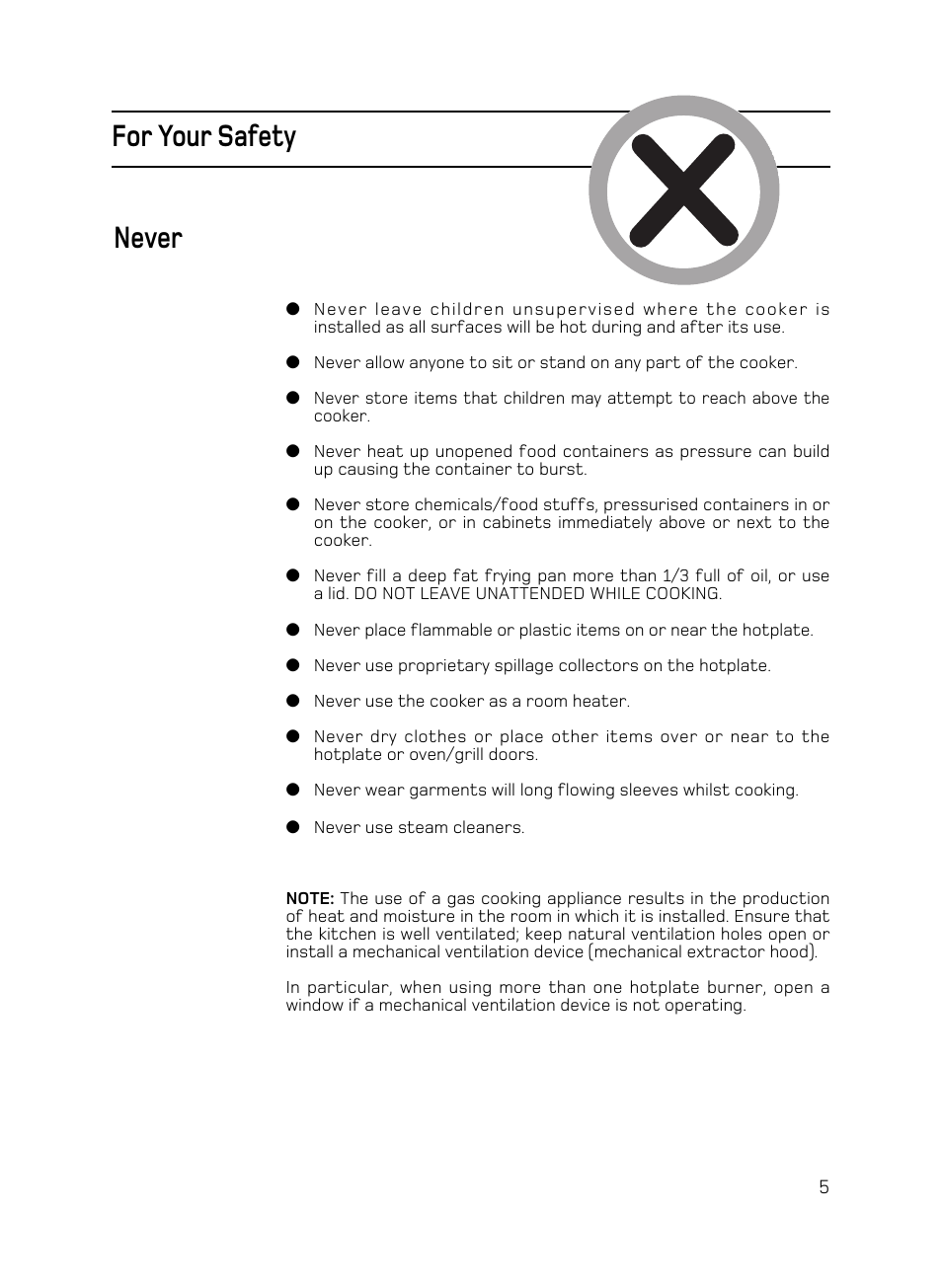 For your safety, Never | Hotpoint X156G User Manual | Page 5 / 24