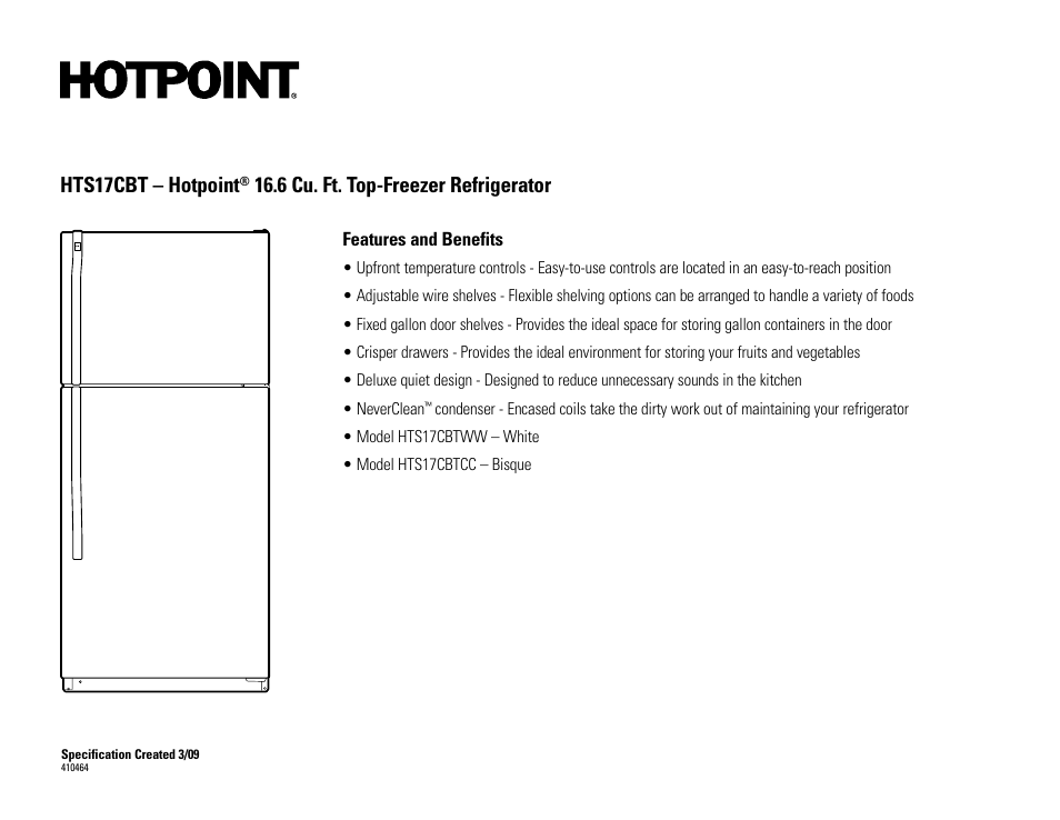 Hts17cbt – hotpoint, 6 cu. ft. top-freezer refrigerator | Hotpoint HTS18IBSBB User Manual | Page 2 / 2