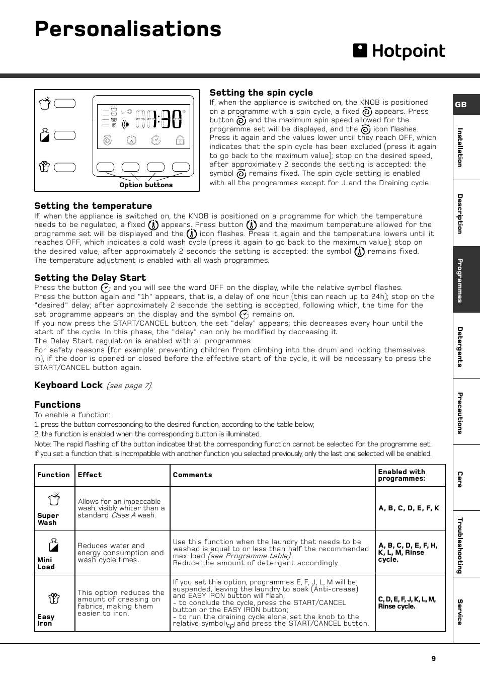 Personalisations, Setting the spin cycle, Setting the temperature | Setting the delay start, Keyboard lock, Functions | Hotpoint KITCHEN THINK BS 1400 User Manual | Page 11 / 20