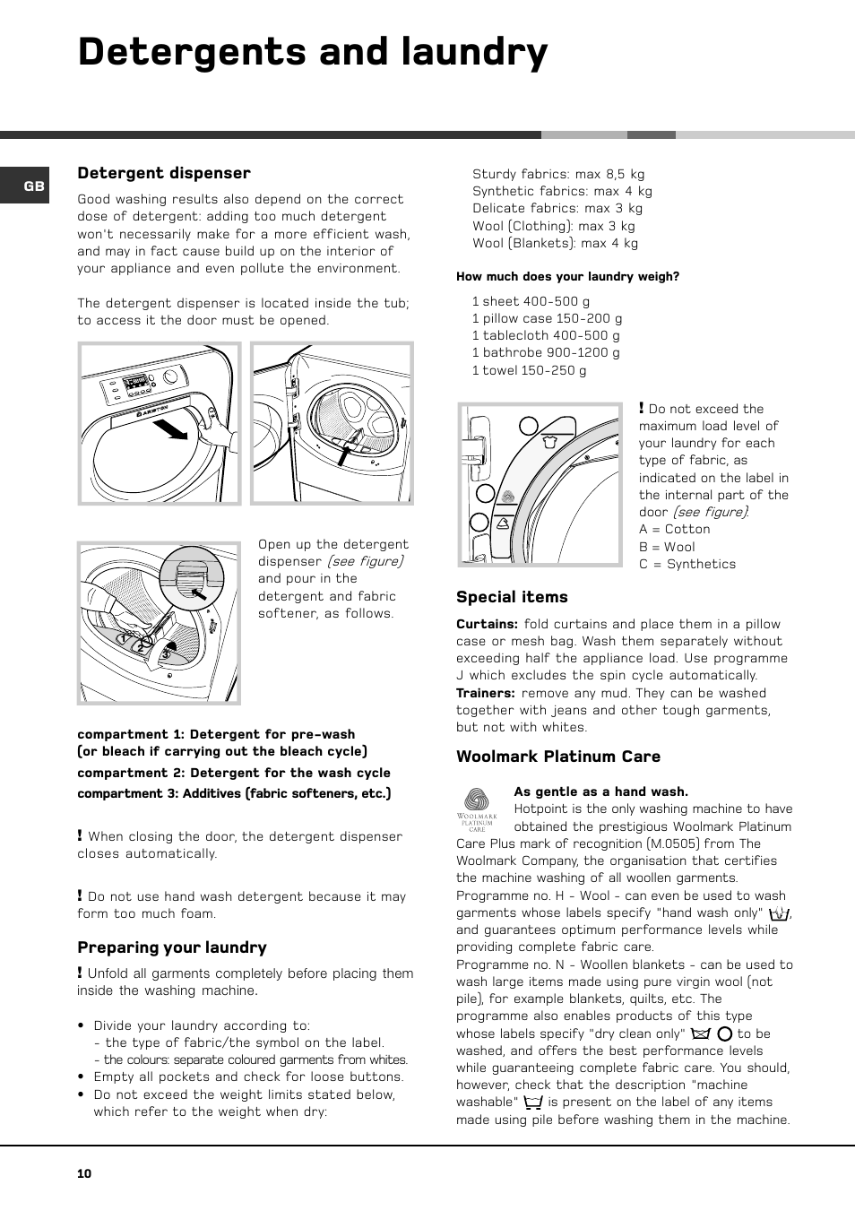 Detergents and laundry, Detergent dispenser, Preparing your laundry | Special items, Woolmark platinum care | Hotpoint KITCHEN THINK BS 1400 User Manual | Page 12 / 20