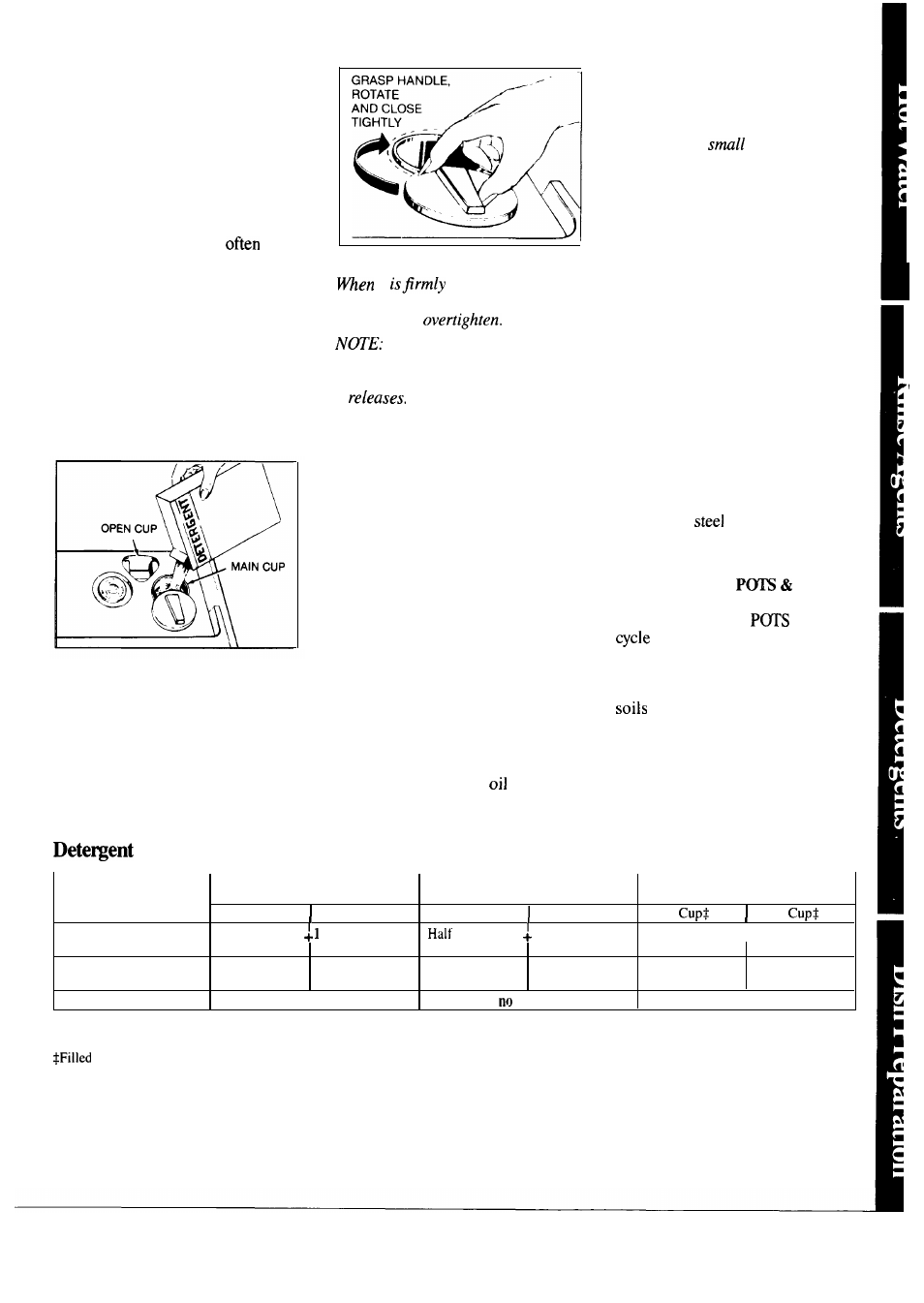 Dispenser cups, How to prepare the dishes for washing, Usage guide (powder or liquid) | Hotpoint HDA2600K User Manual | Page 13 / 24