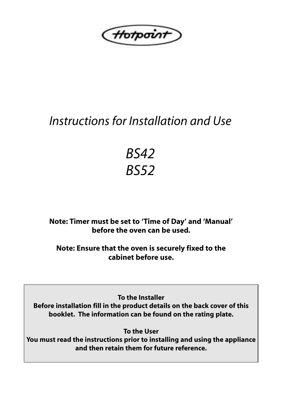 Hotpoint BS42 BS52 User Manual | 36 pages