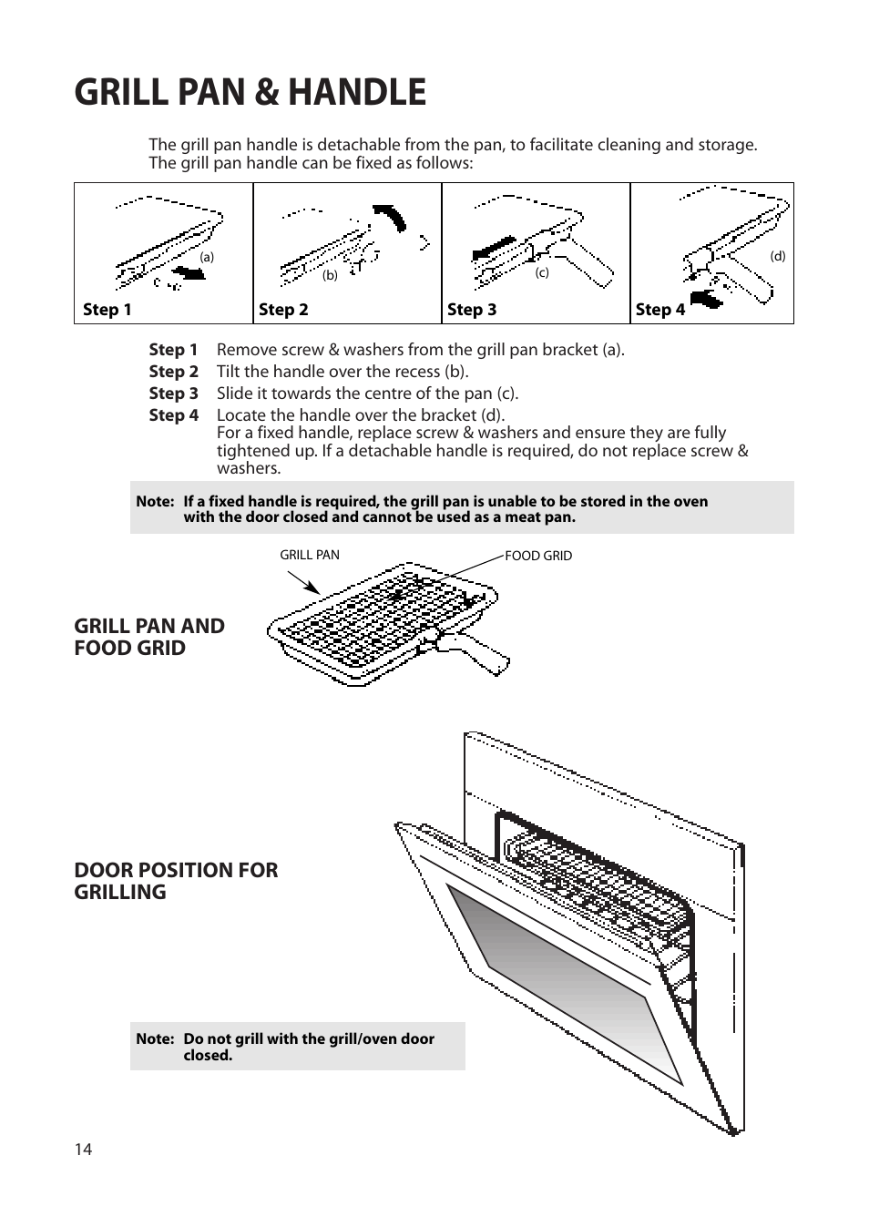 Grill pan & handle, Grill pan and food grid door position for grilling | Hotpoint BS42 BS52 User Manual | Page 14 / 36