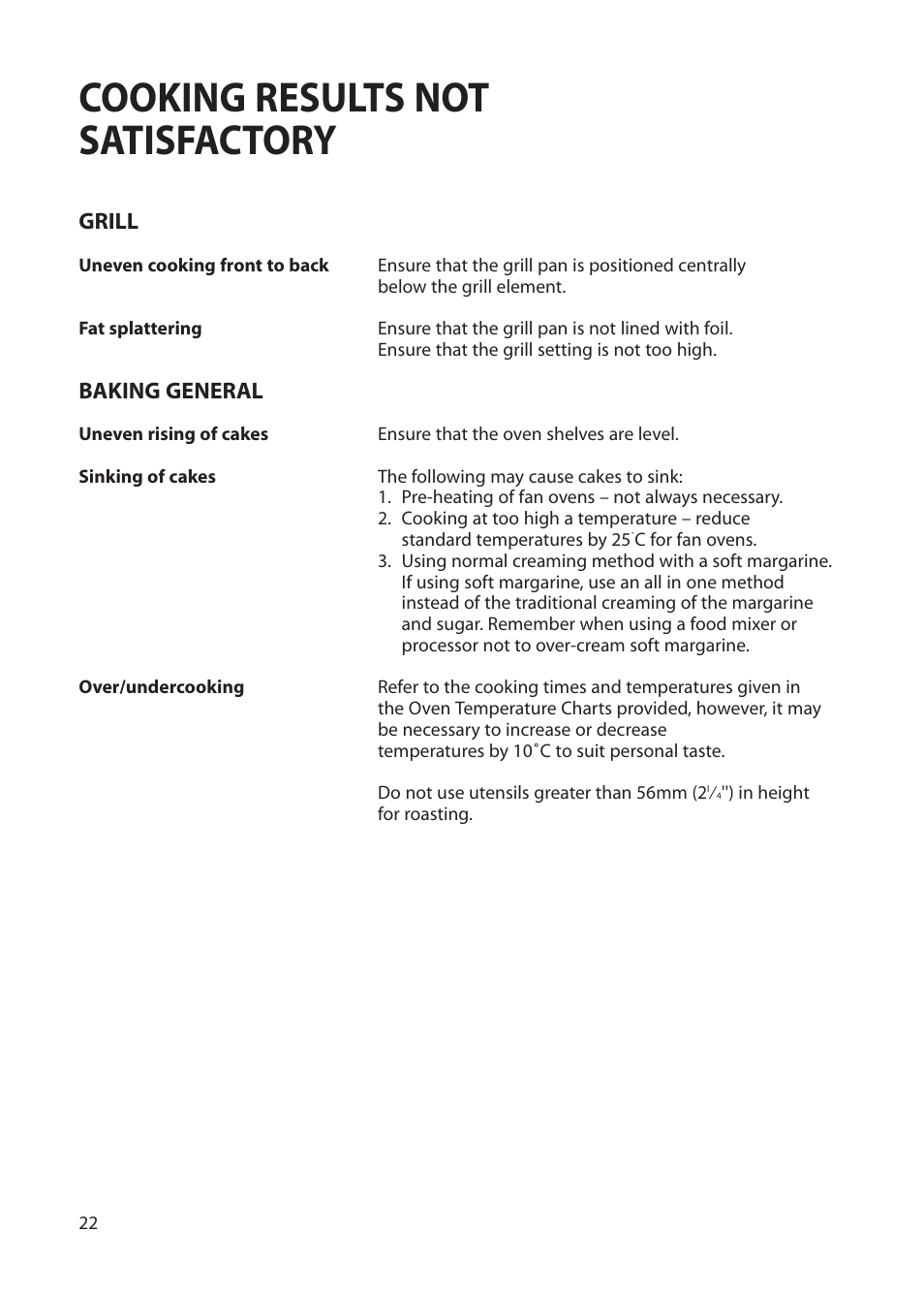 Cooking results not satisfactory, Grill, Baking general | Hotpoint BS42 BS52 User Manual | Page 22 / 36