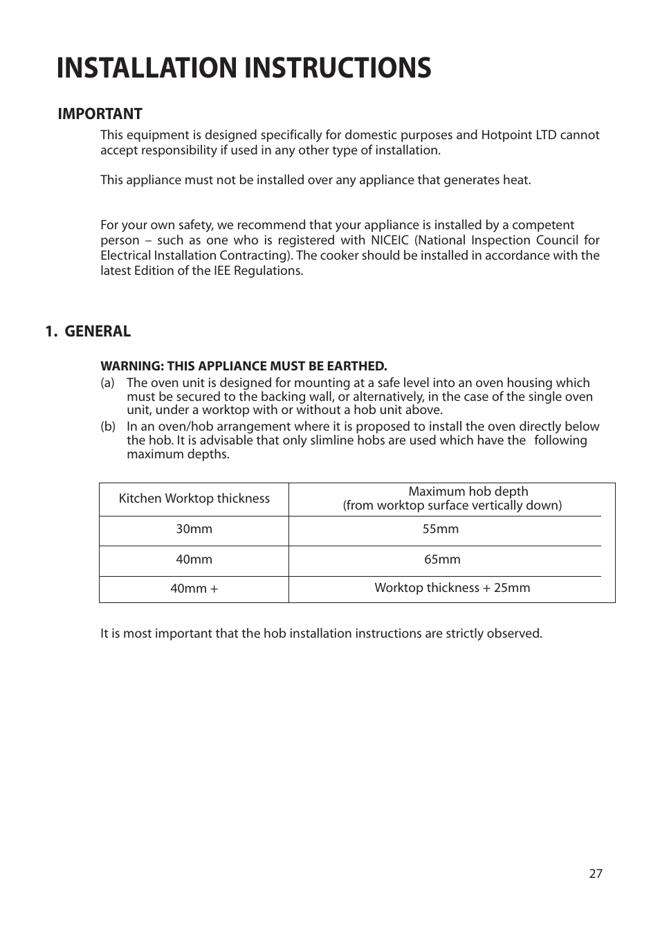 Installation instructions | Hotpoint BS42 BS52 User Manual | Page 27 / 36