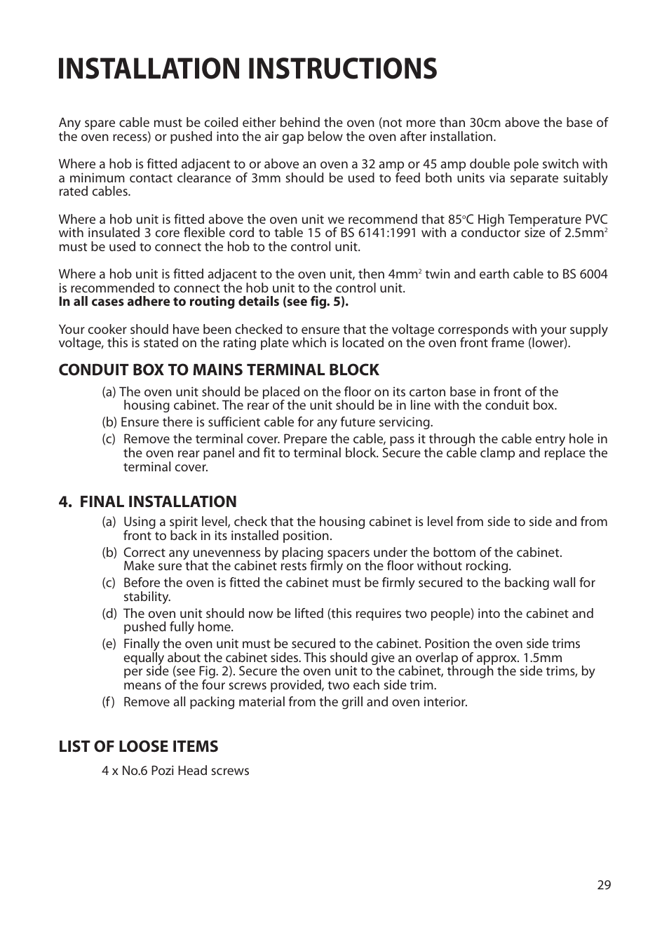 Installation instructions | Hotpoint BS42 BS52 User Manual | Page 29 / 36