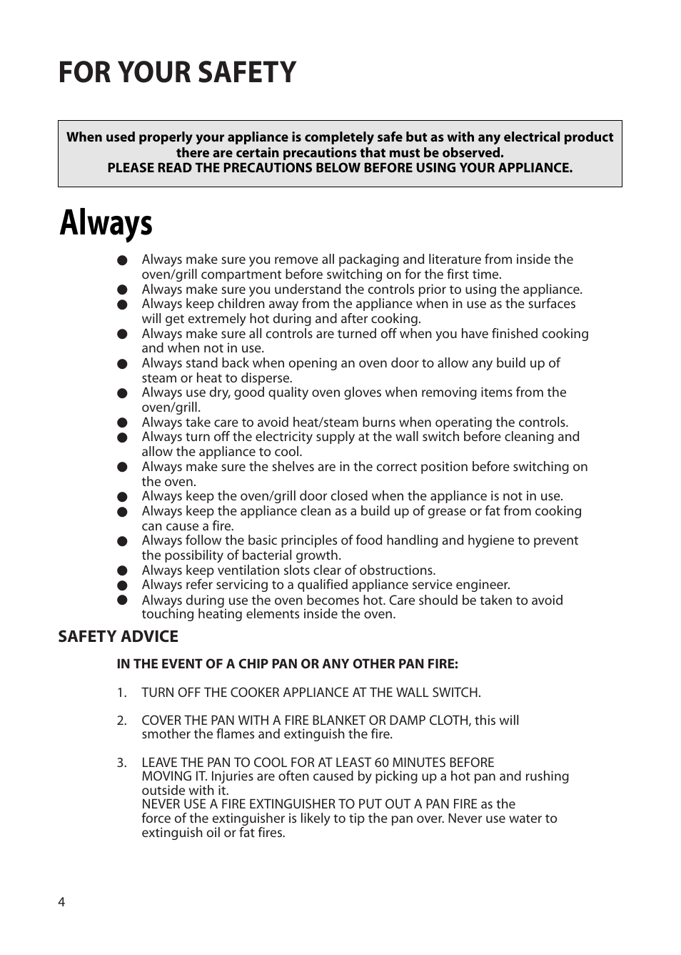 Always, For your safety | Hotpoint BS42 BS52 User Manual | Page 4 / 36
