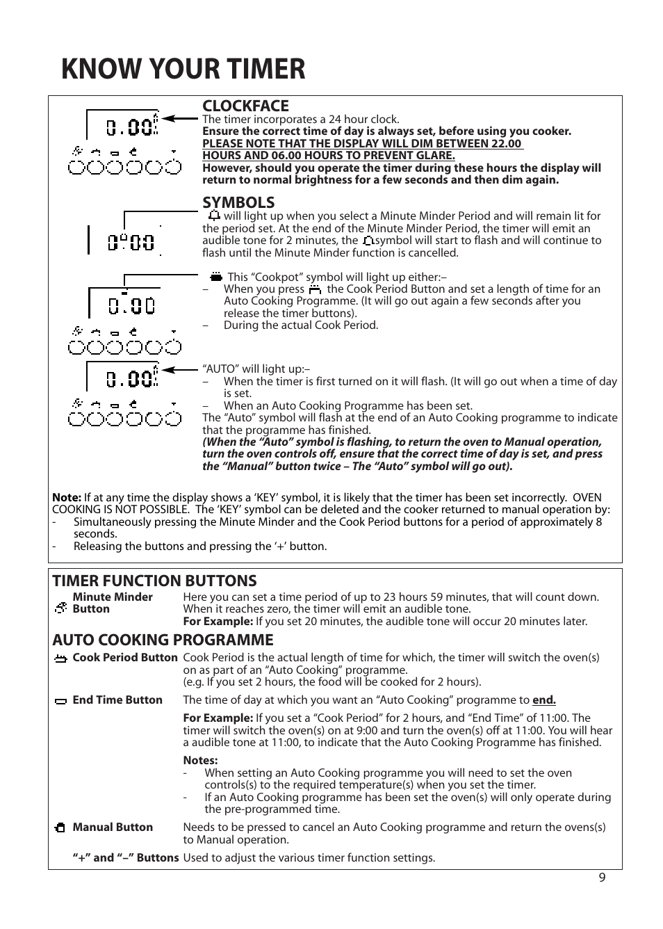 Know your timer, Clockface, Symbols | Timer function buttons auto cooking programme | Hotpoint BS42 BS52 User Manual | Page 9 / 36