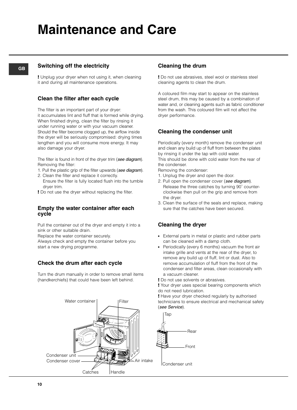 Maintenance and care | Hotpoint TCM570 User Manual | Page 10 / 16