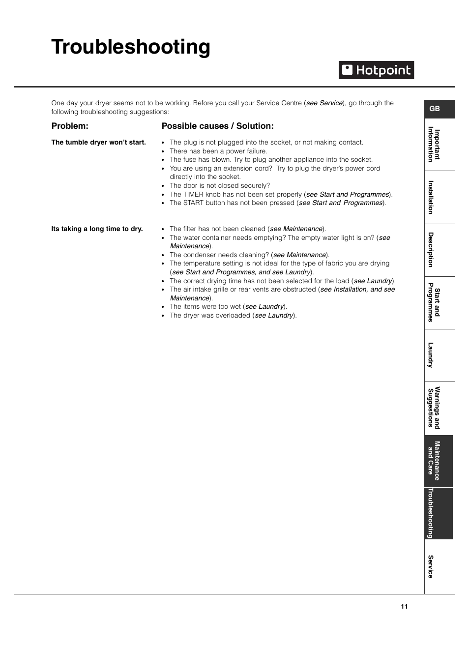 Troubleshooting, Problem, Possible causes / solution | Hotpoint TCM570 User Manual | Page 11 / 16