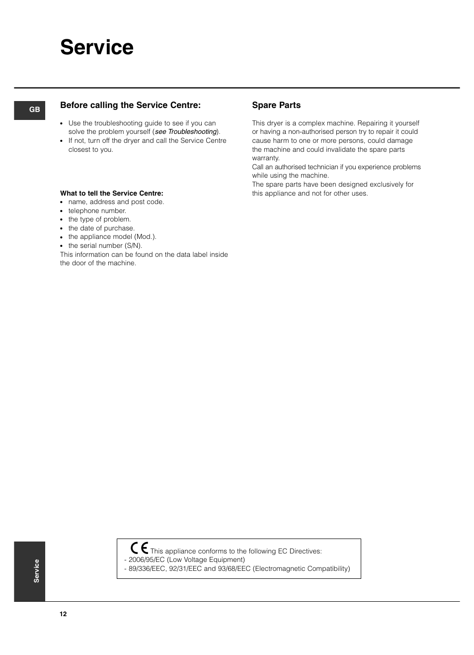 Service, Spare parts, Before calling the service centre | Hotpoint TCM570 User Manual | Page 12 / 16