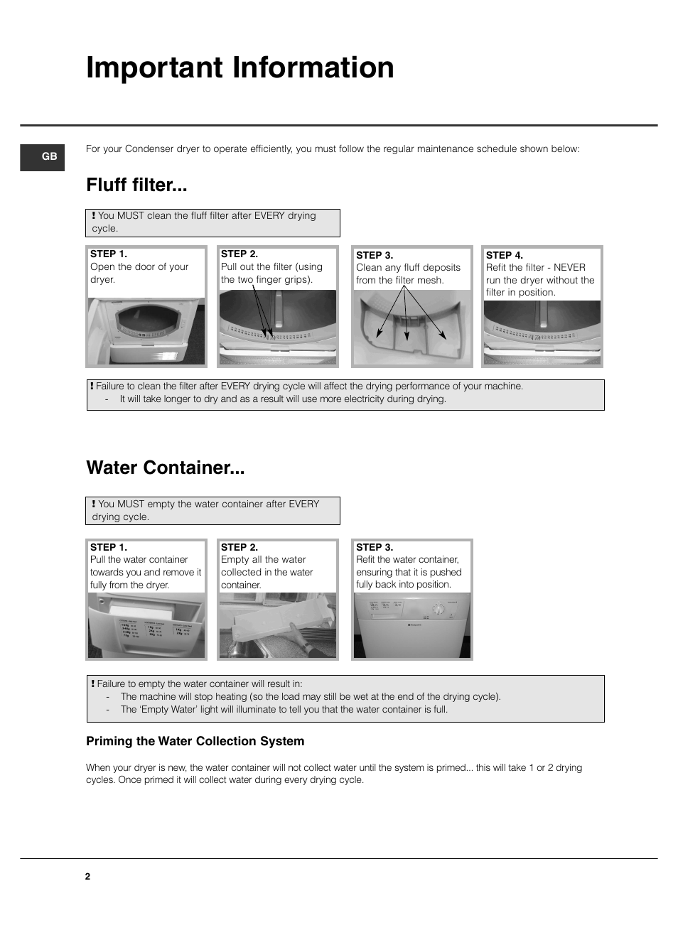 Important information, Fluff filter, Water container | Hotpoint TCM570 User Manual | Page 2 / 16