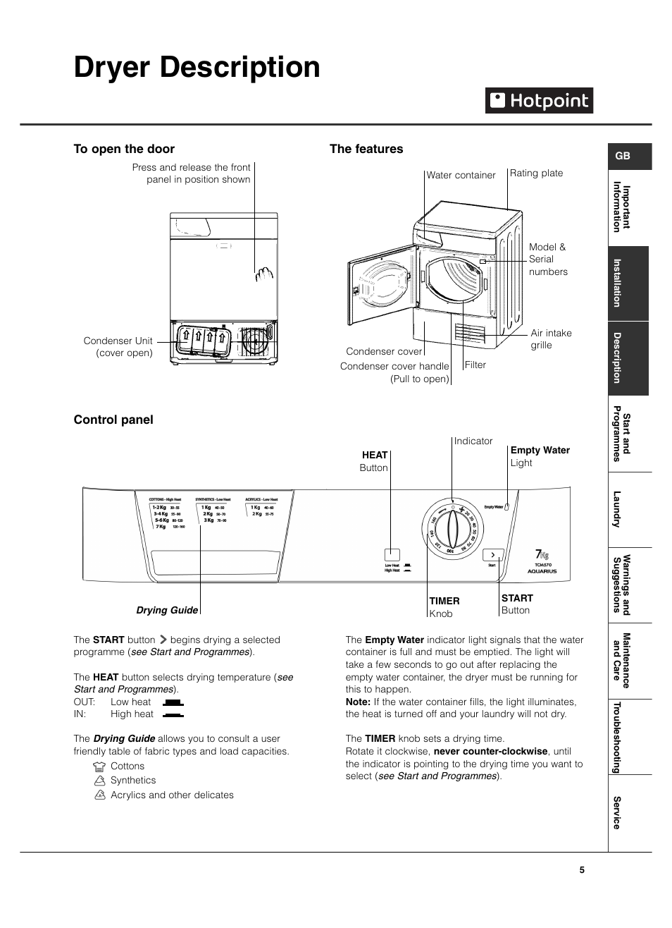 Dryer description, Control panel to open the door the features | Hotpoint TCM570 User Manual | Page 5 / 16