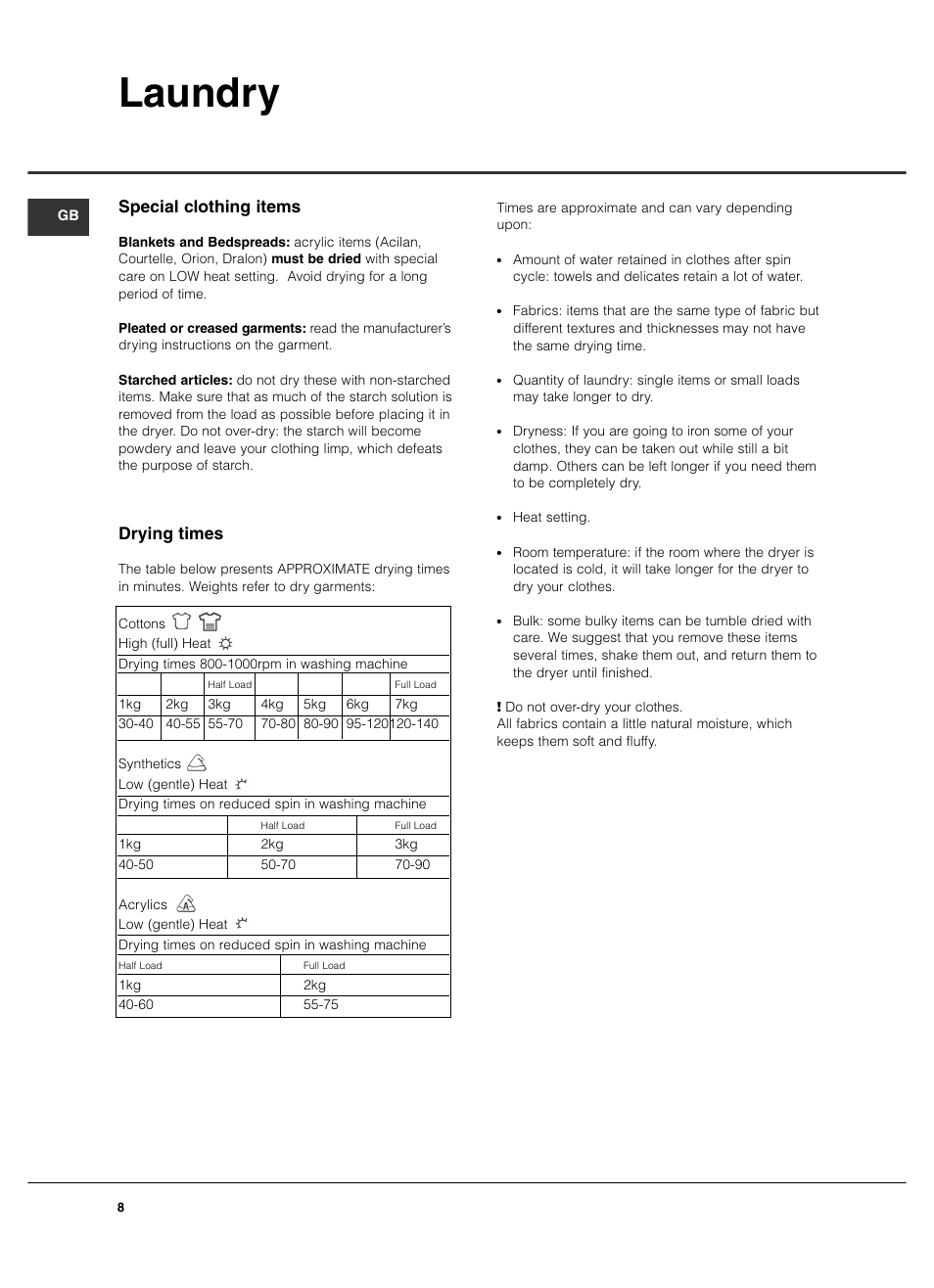 Laundry, Special clothing items, Drying times | Hotpoint TCM570 User Manual | Page 8 / 16