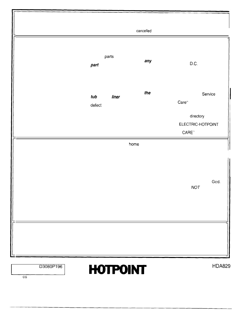 Warranty, Your hotpoint automatic dishwasher, What is covered | What is not covered | Hotpoint HDA829 User Manual | Page 16 / 16