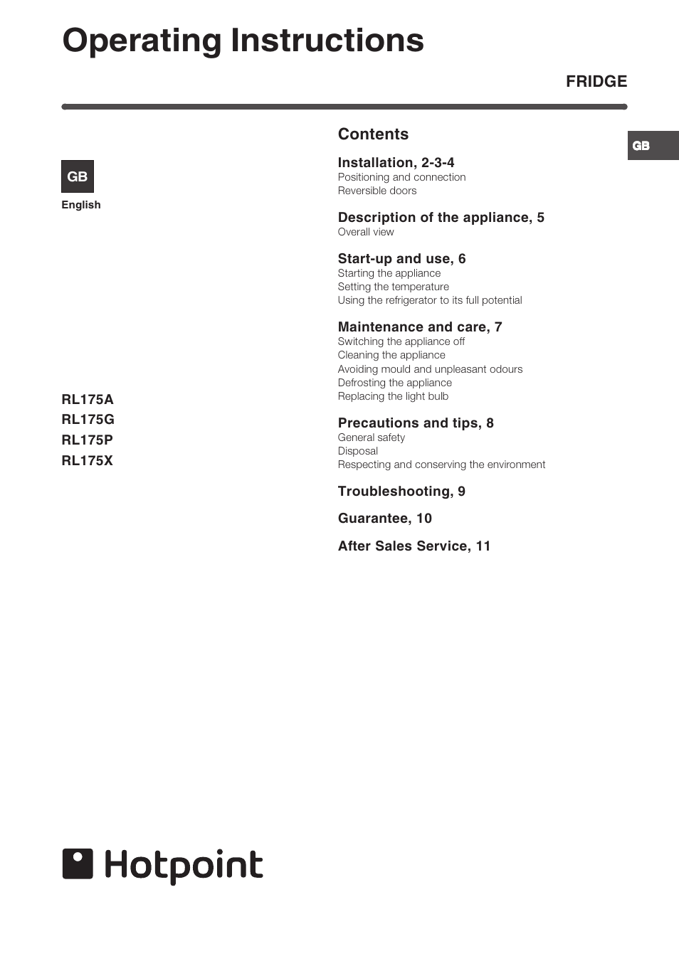 Hotpoint RL175X User Manual | 12 pages