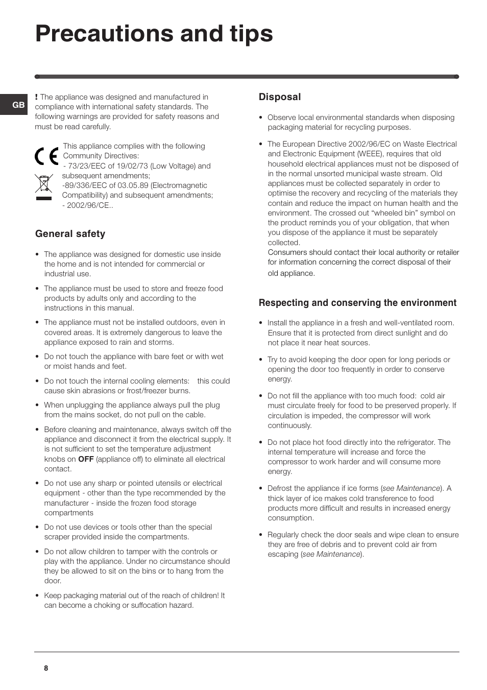 Precautions and tips, Disposal, Respecting and conserving the environment | General safety | Hotpoint RL175X User Manual | Page 8 / 12