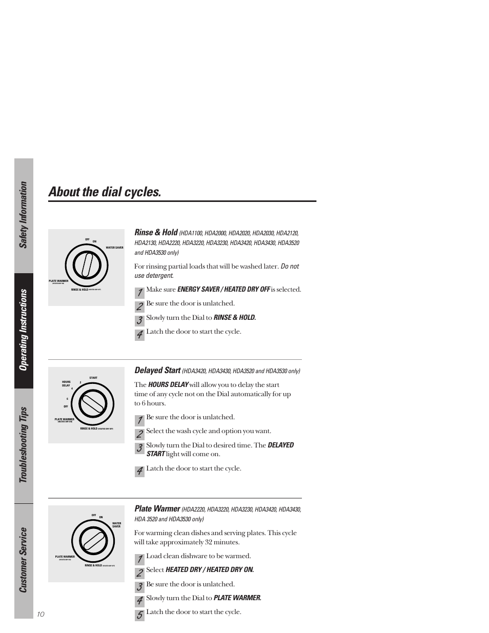 Dial cycles, Dial cycles , 11, About the dial cycles | Hotpoint HDA3530 User Manual | Page 10 / 32