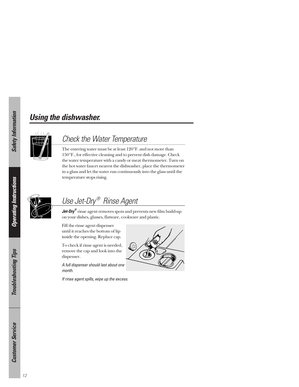 Using the dishwasher, Using the dishwasher , 13, Check the water temperature | Use jet-dry, Rinse agent | Hotpoint HDA3530 User Manual | Page 12 / 32