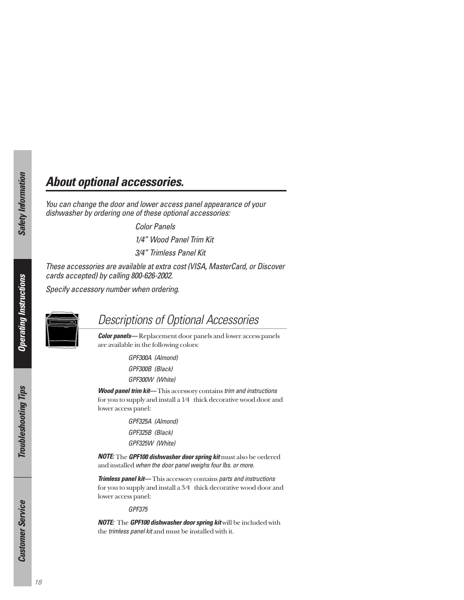 Optional accessories, About optional accessories, Descriptions of optional accessories | Hotpoint HDA3530 User Manual | Page 18 / 32