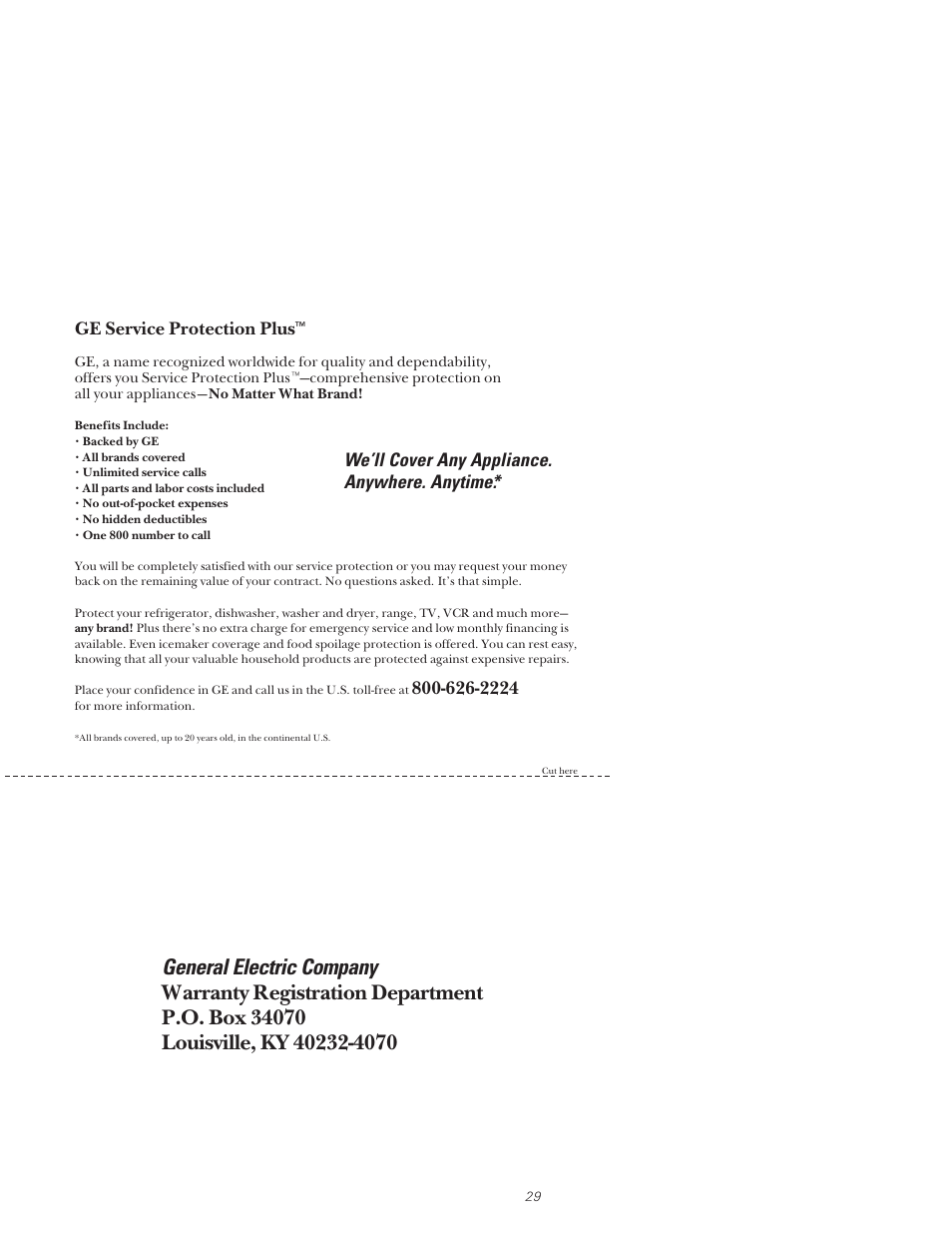 Product registration, General electric company, We’ll cover any appliance. anywhere. anytime | Ge service protection plus | Hotpoint HDA3530 User Manual | Page 29 / 32