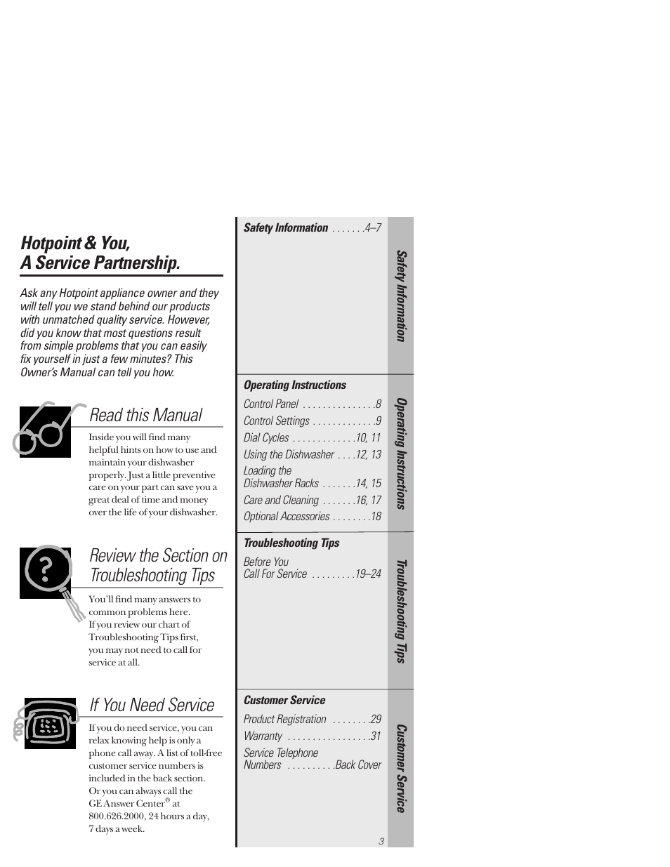 Operating instructions, Troubleshooting tips, Customer service | Hotpoint & you, a service partnership, Read this manual, If you need service | Hotpoint HDA3530 User Manual | Page 3 / 32