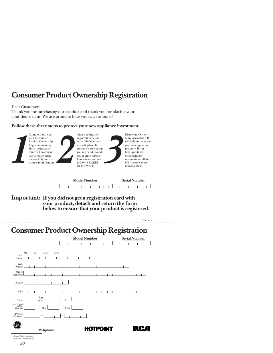 Consumer product ownership registration, Important | Hotpoint HDA3530 User Manual | Page 30 / 32
