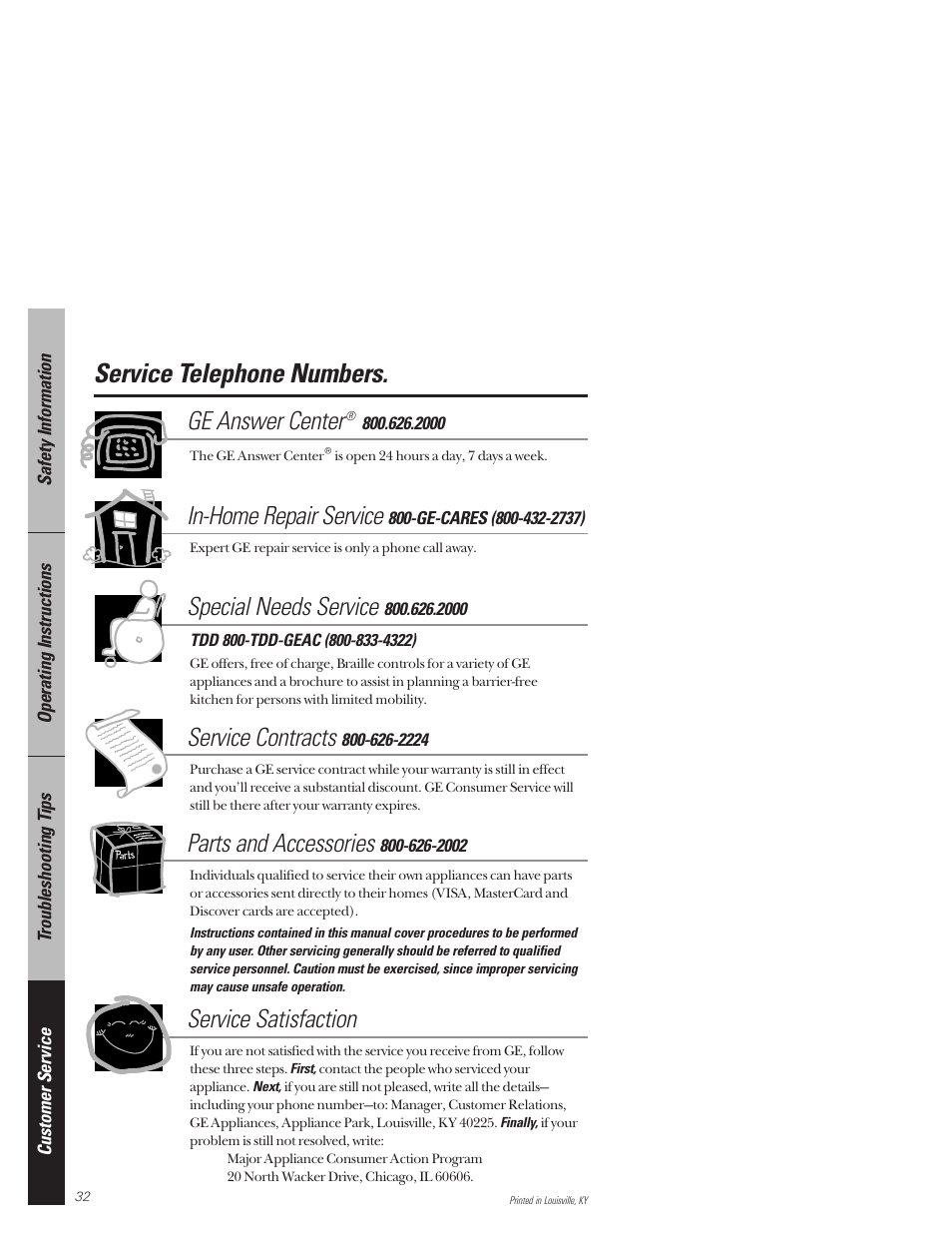 Service telephone numbers, Ge answer center, In-home repair service | Special needs service, Service contracts, Parts and accessories, Service satisfaction | Hotpoint HDA3530 User Manual | Page 32 / 32