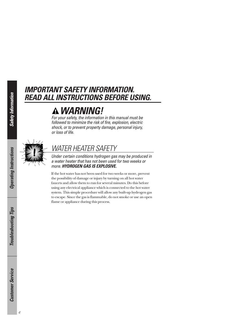 Safety information, Safety information –7, Warning | Water heater safety | Hotpoint HDA3530 User Manual | Page 4 / 32