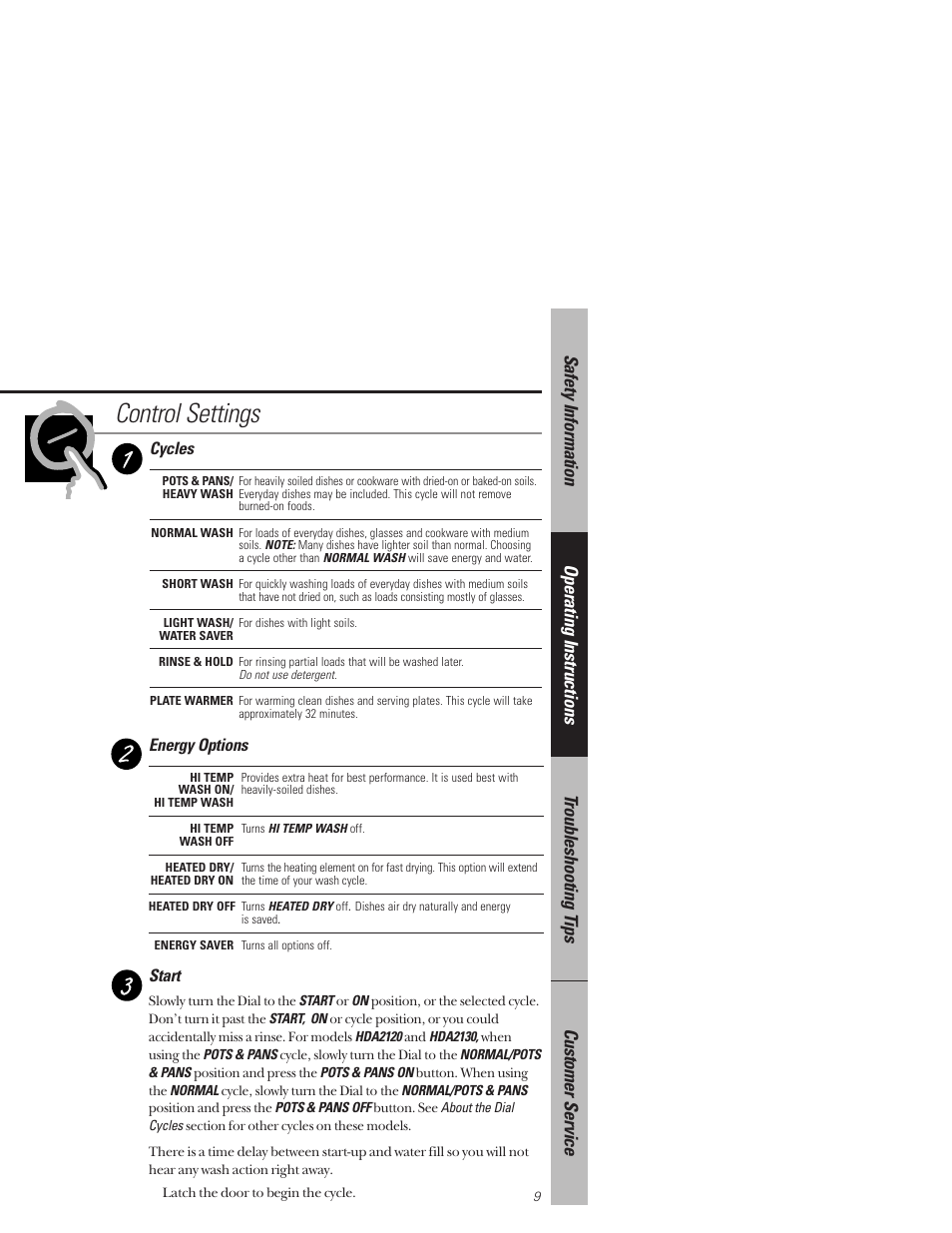Control settings | Hotpoint HDA3530 User Manual | Page 9 / 32
