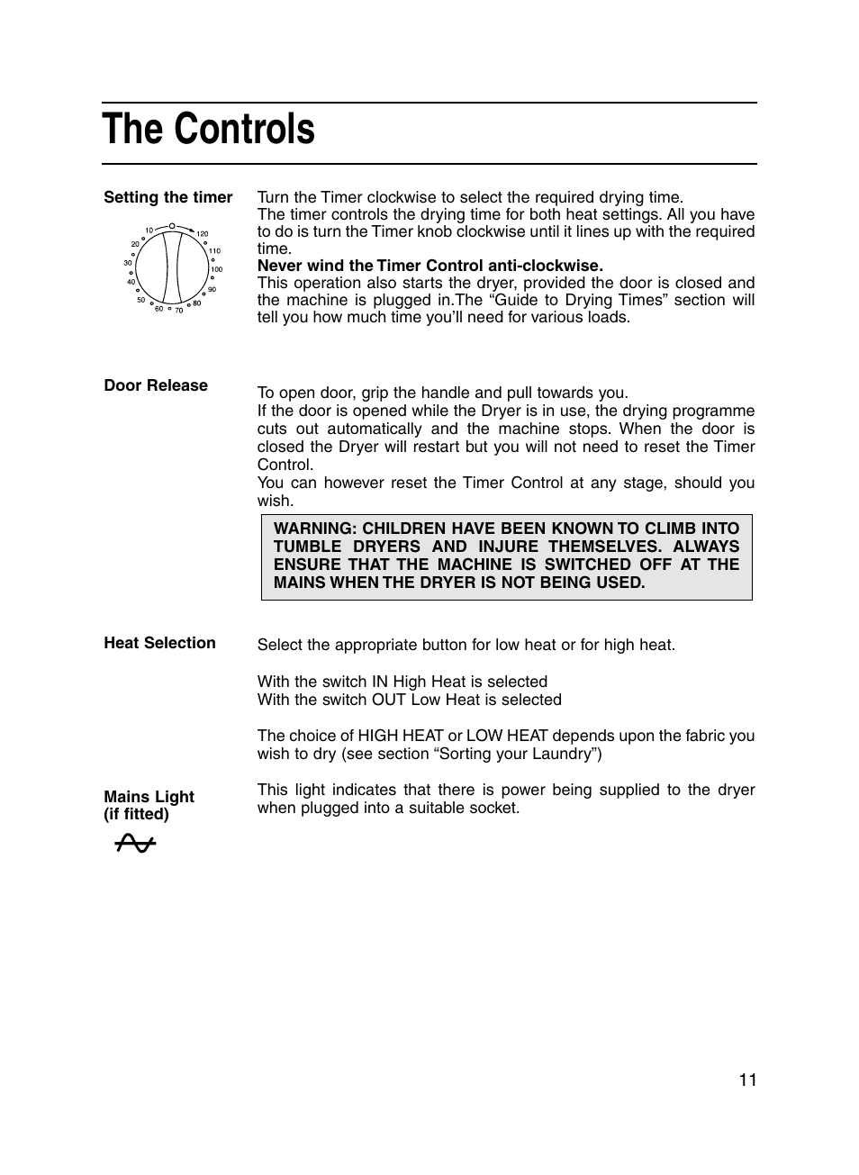 The controls | Hotpoint V3D01 User Manual | Page 11 / 16