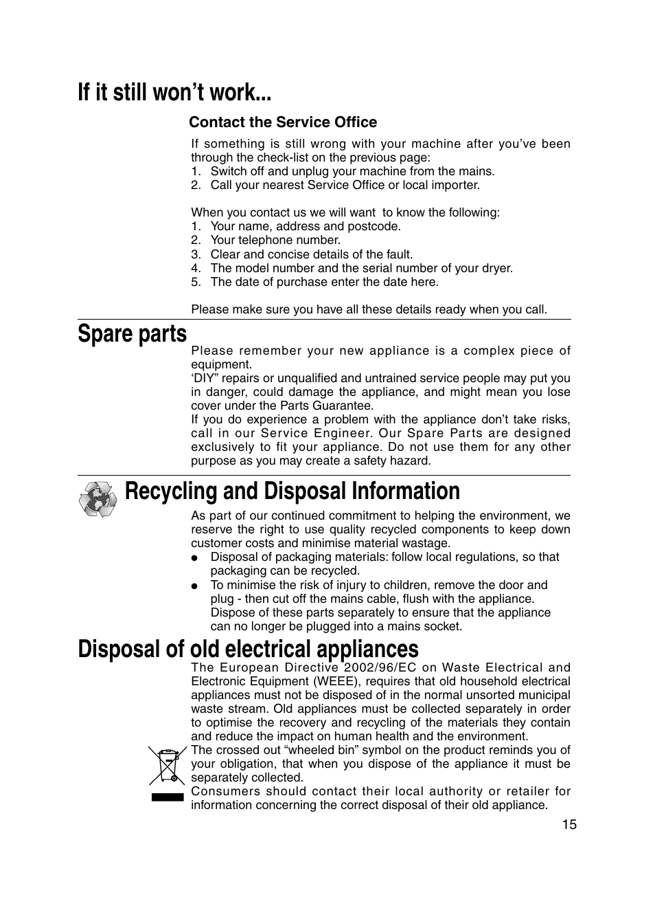 Hotpoint V3D01 User Manual | Page 15 / 16