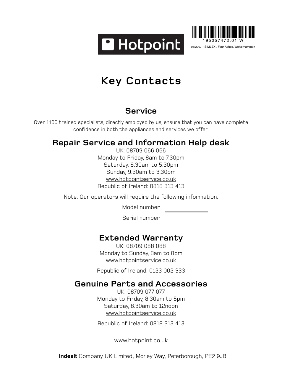 Key contacts, Service, Repair service and information help desk | Extended warranty, Genuine parts and accessories | Hotpoint V3D01 User Manual | Page 16 / 16