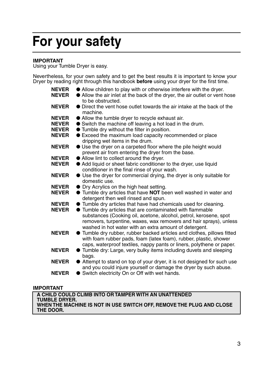 For your safety | Hotpoint V3D01 User Manual | Page 3 / 16