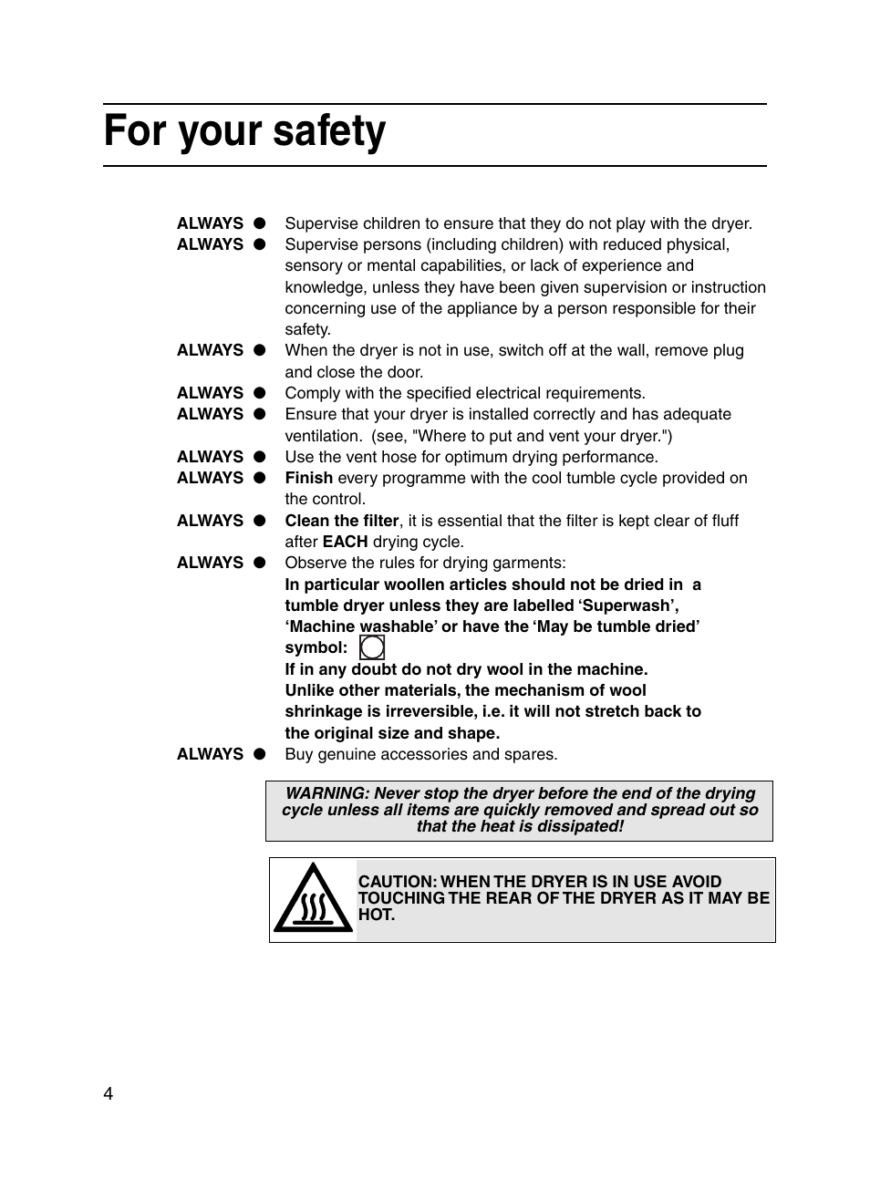 For your safety | Hotpoint V3D01 User Manual | Page 4 / 16