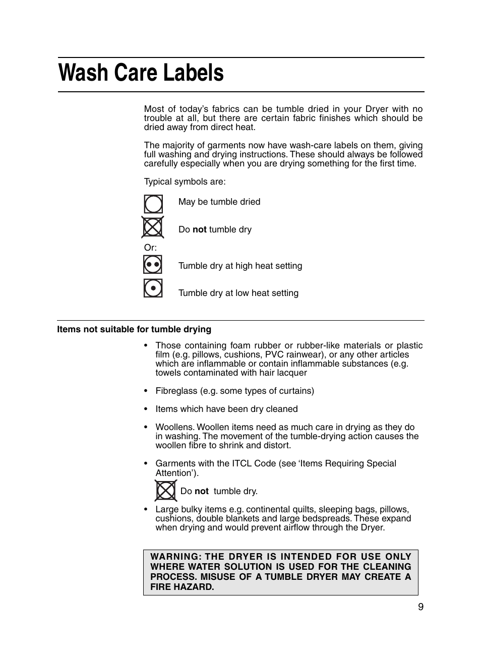 Wash care labels | Hotpoint V3D01 User Manual | Page 9 / 16