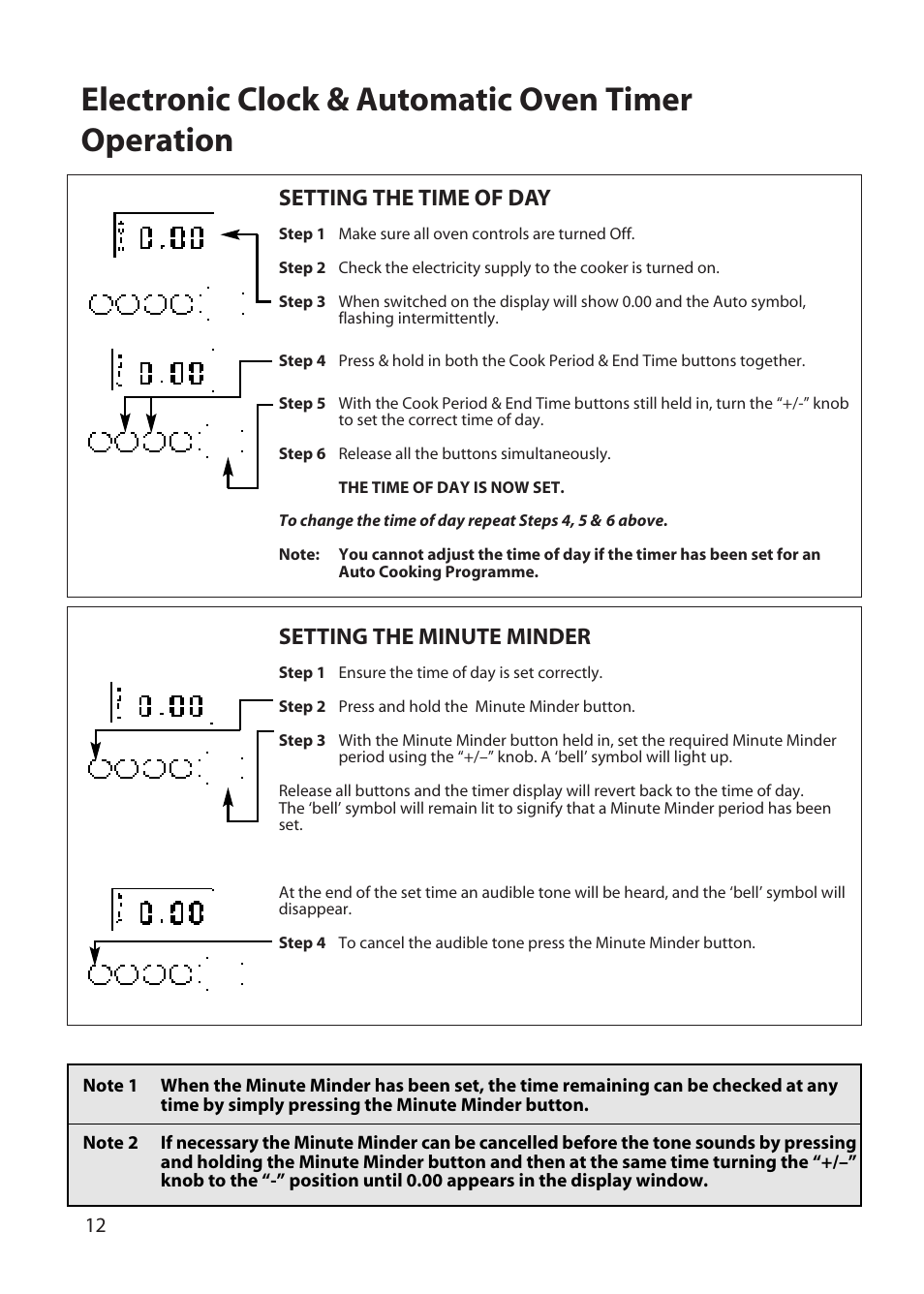 Electronic clock & automatic oven timer operation, Setting the time of day, Setting the minute minder | Hotpoint DD77 DT77 User Manual | Page 12 / 48