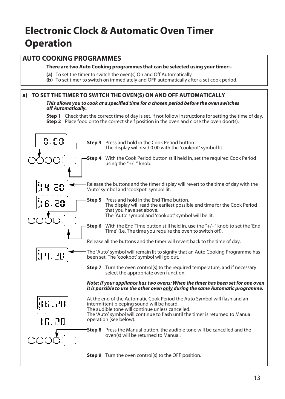 Electronic clock & automatic oven timer operation, Auto cooking programmes | Hotpoint DD77 DT77 User Manual | Page 13 / 48