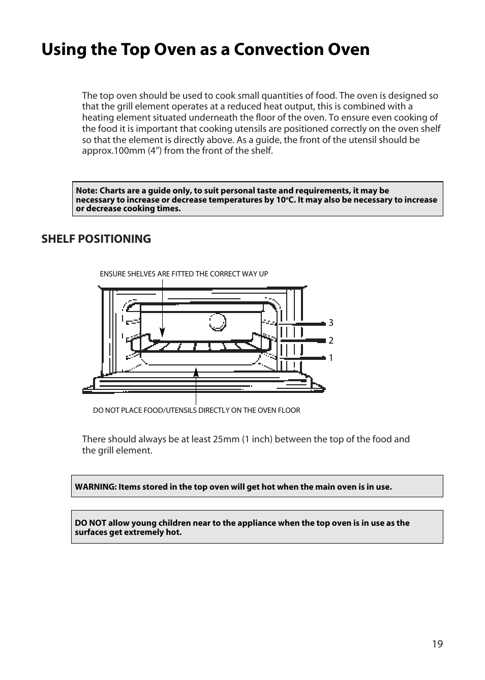 Using the top oven as a convection oven, Shelf positioning | Hotpoint DD77 DT77 User Manual | Page 19 / 48