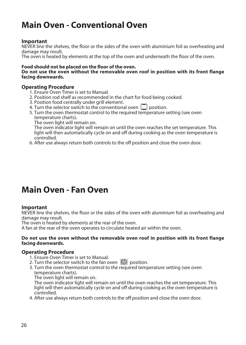 Main oven - conventional oven, Main oven - fan oven | Hotpoint DD77 DT77 User Manual | Page 26 / 48