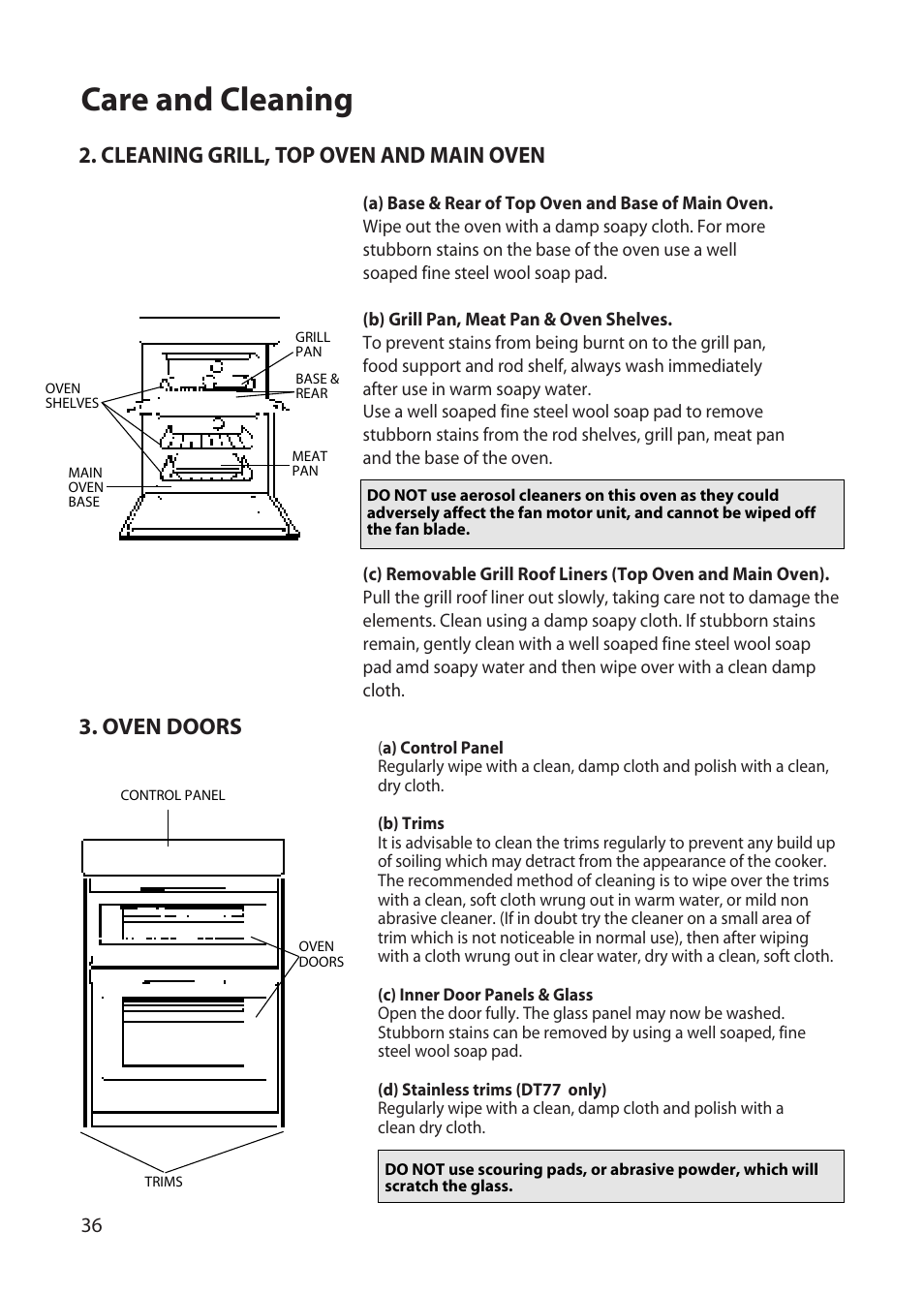 Care and cleaning, Cleaning grill, top oven and main oven, Oven doors | Hotpoint DD77 DT77 User Manual | Page 36 / 48