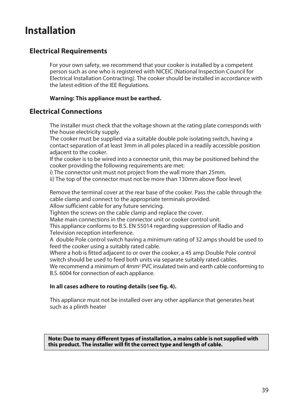 Installation | Hotpoint DD77 DT77 User Manual | Page 39 / 48