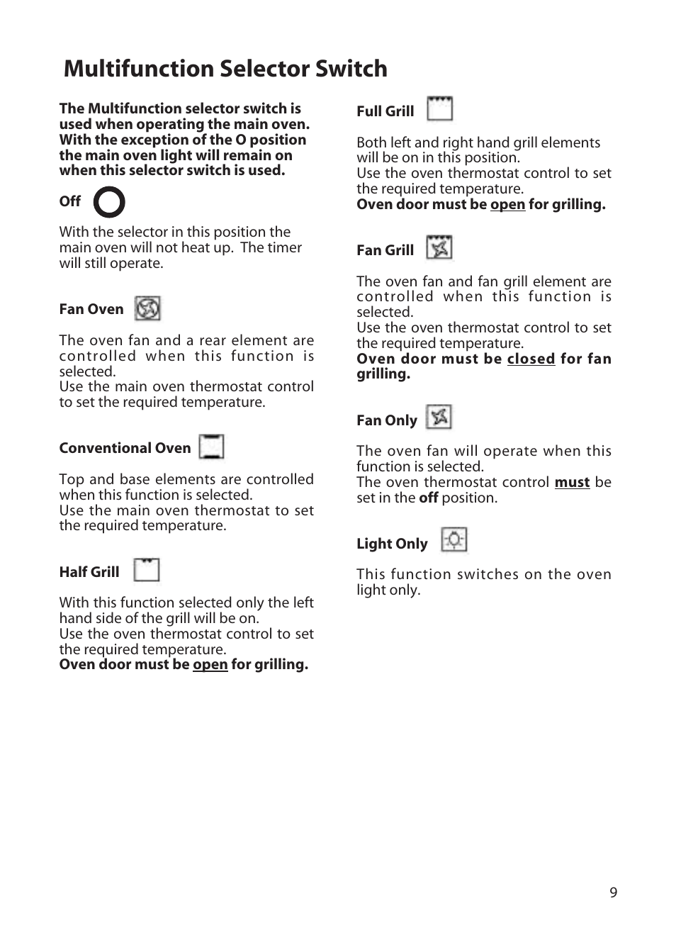 Multifunction selector switch | Hotpoint DD77 DT77 User Manual | Page 9 / 48
