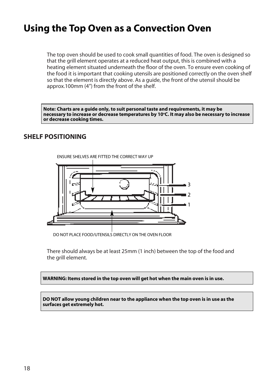 Using the top oven as a convection oven, Shelf positioning | Hotpoint UD47 User Manual | Page 18 / 40