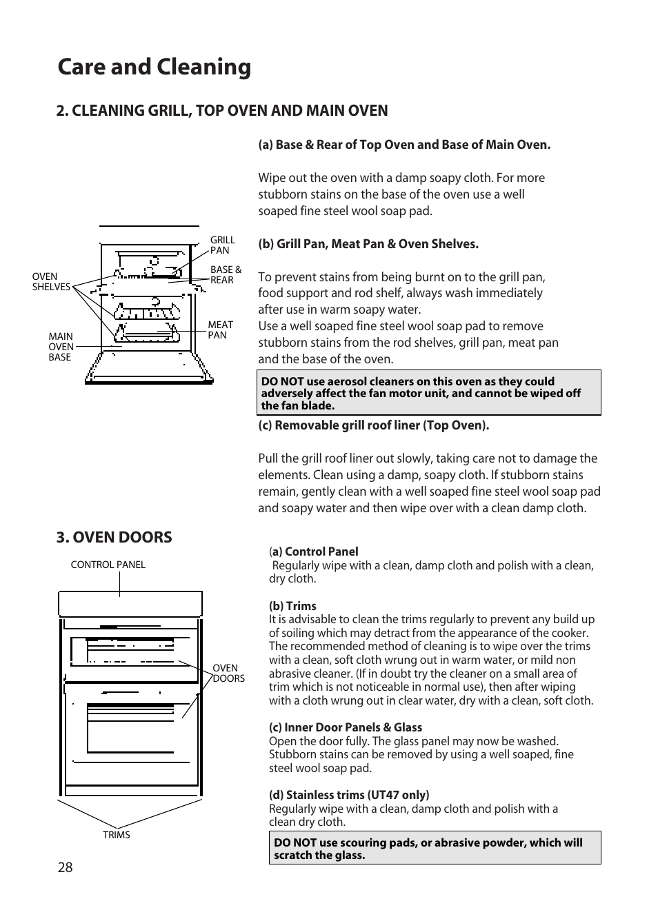 Care and cleaning, Cleaning grill, top oven and main oven, Oven doors | Hotpoint UD47 User Manual | Page 28 / 40