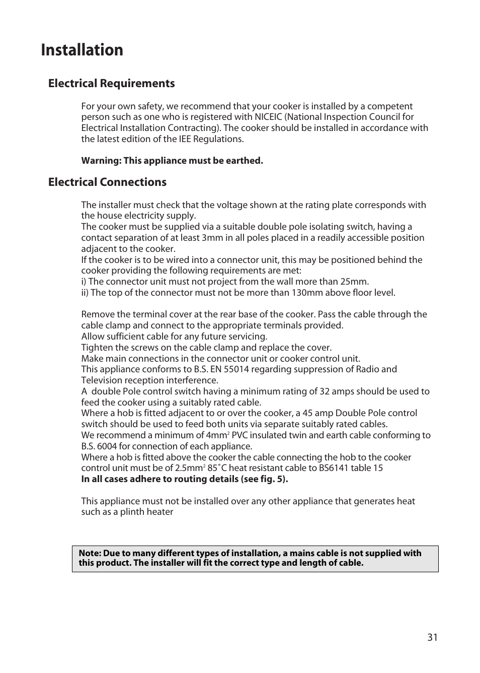 Installation, Electrical requirements, Electrical connections | Hotpoint UD47 User Manual | Page 31 / 40