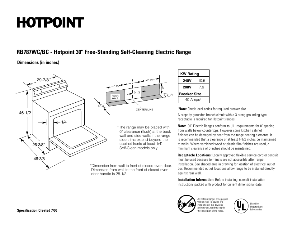 Hotpoint RB787WC/BC User Manual | 2 pages