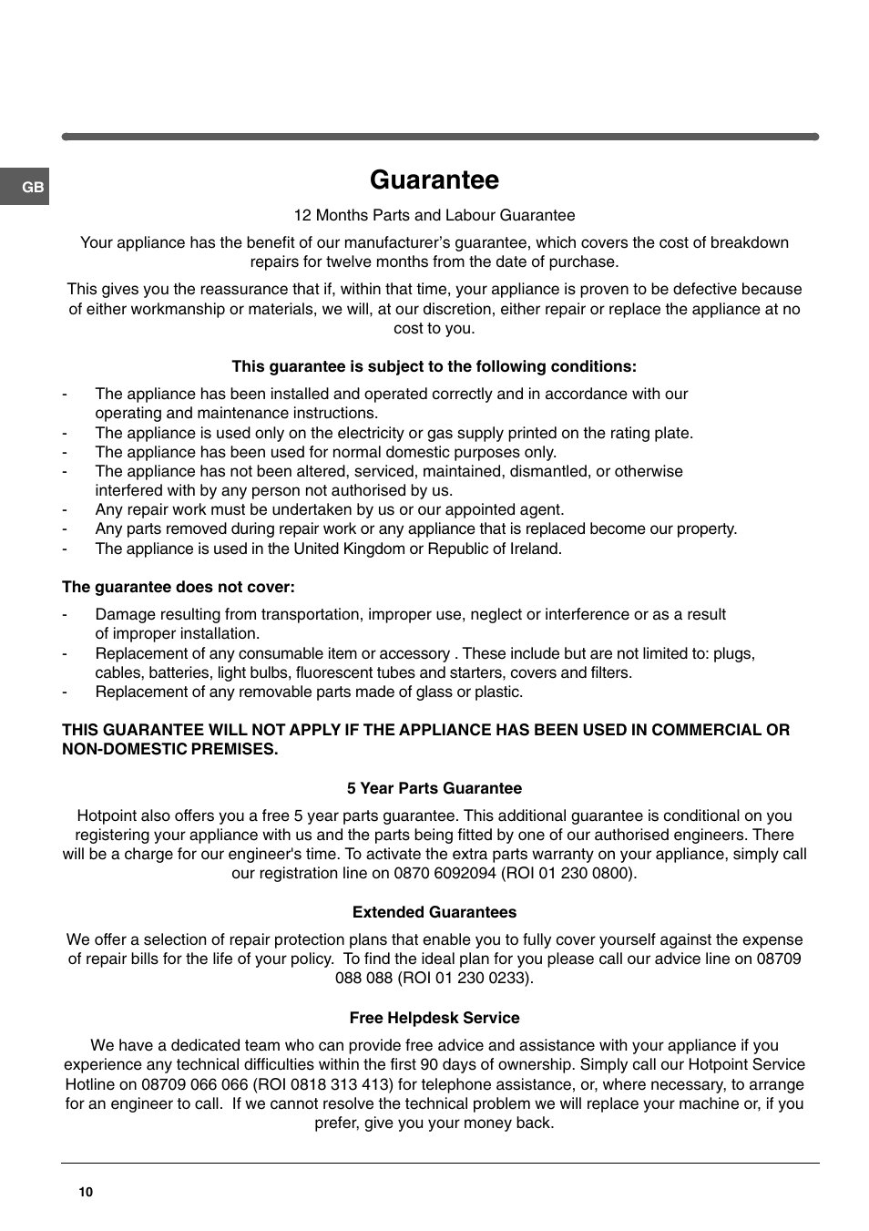 Guarantee | Hotpoint RF175B User Manual | Page 10 / 12
