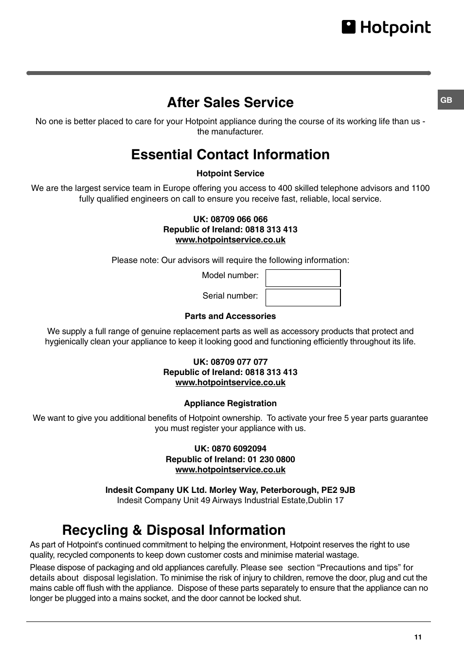 After sales service, Essential contact information, Recycling & disposal information | Hotpoint RF175B User Manual | Page 11 / 12